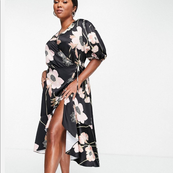 BRAND NEW WT curve midi satin wrap dress with puff sleeves in floral - Picture 3 of 5